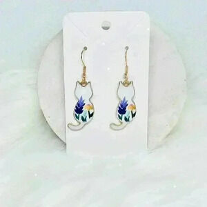 White Floral Cat Enamel Earrings